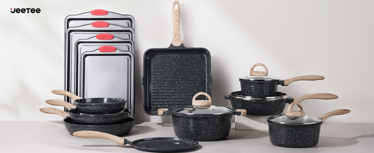 JEETEE 23-Piece Nonstick Granite Cookware Set - Induction Compatible, Pink Cookware Set for All Cooktops - Perfect Housewarming Gift