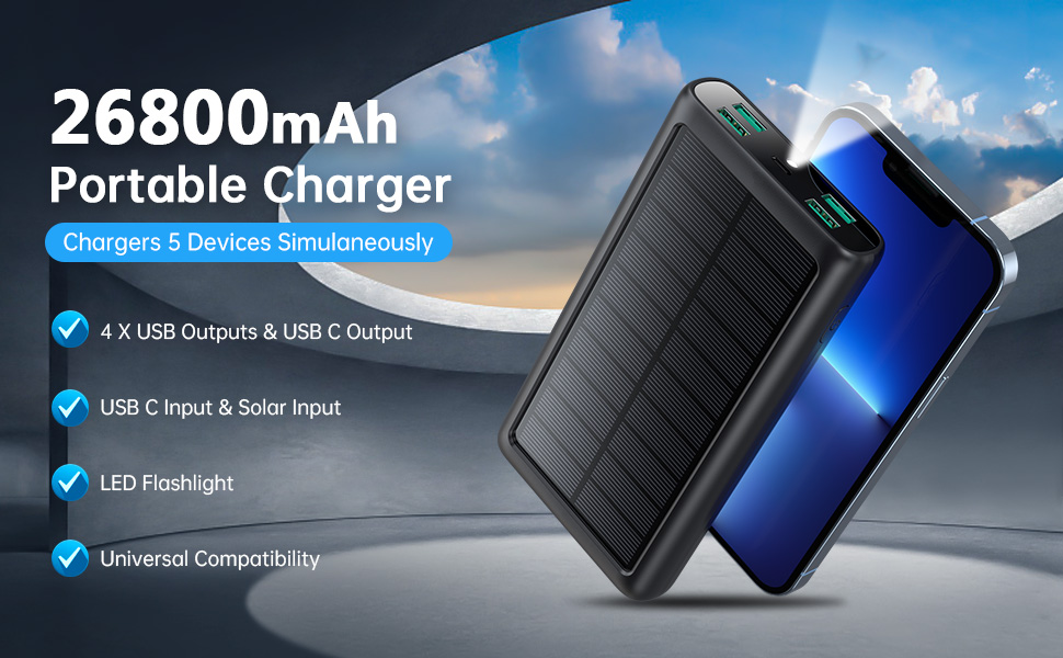 Портативний зарядний акумулятор Power Bank 26800mAh з сонячною панеллю, 15W PD3.0A USB-C, 5 виходів, LED-ліхтарик, для кемпінгу, сумісний з iPhone, Huawei та ін.