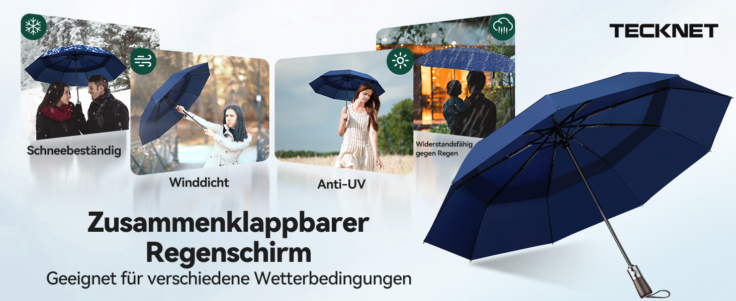 TECKNET Автоматичний парасолька, стійкий до вітру, легкий у використанні, синій