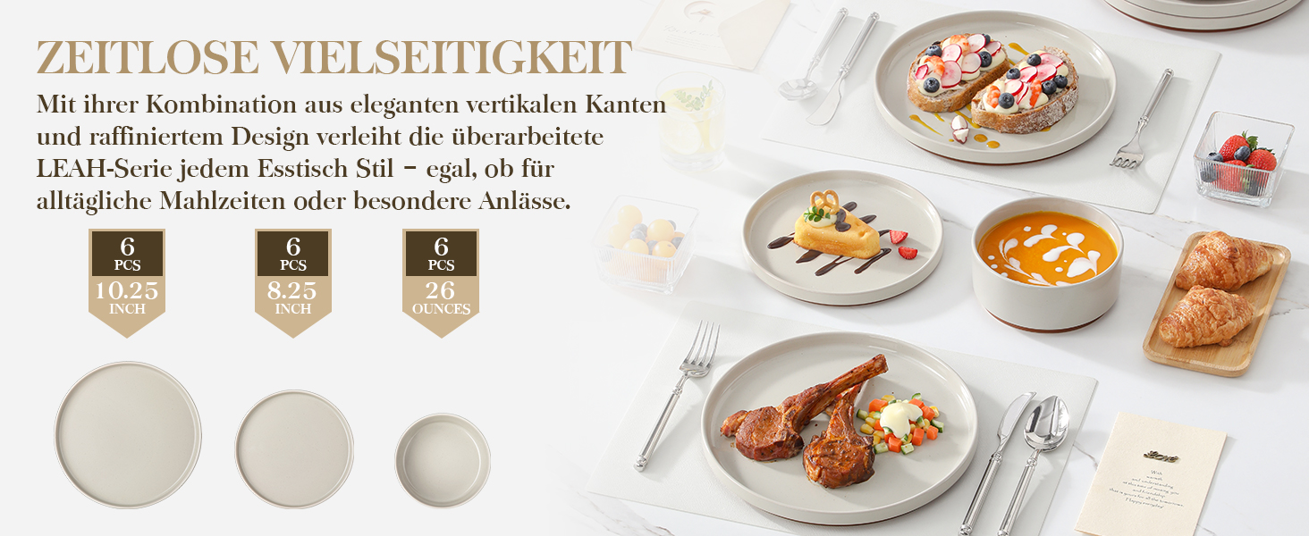 MALACASA Набір посуду з каменю 18 предметів для 6 осіб, керамічний сервіз з глазур'ю Сезам, набір тарілок та мисок, білий з коричневою основою, білий