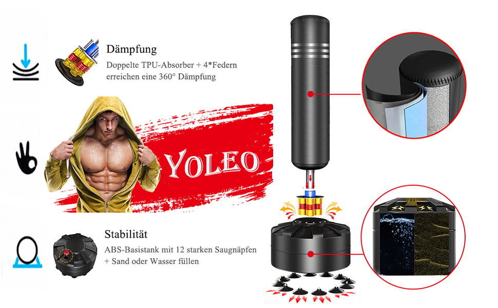 Стенд для боксерського мішка YOLEO, 175 см, чорний - мішок для ударів, тренажер для боксу