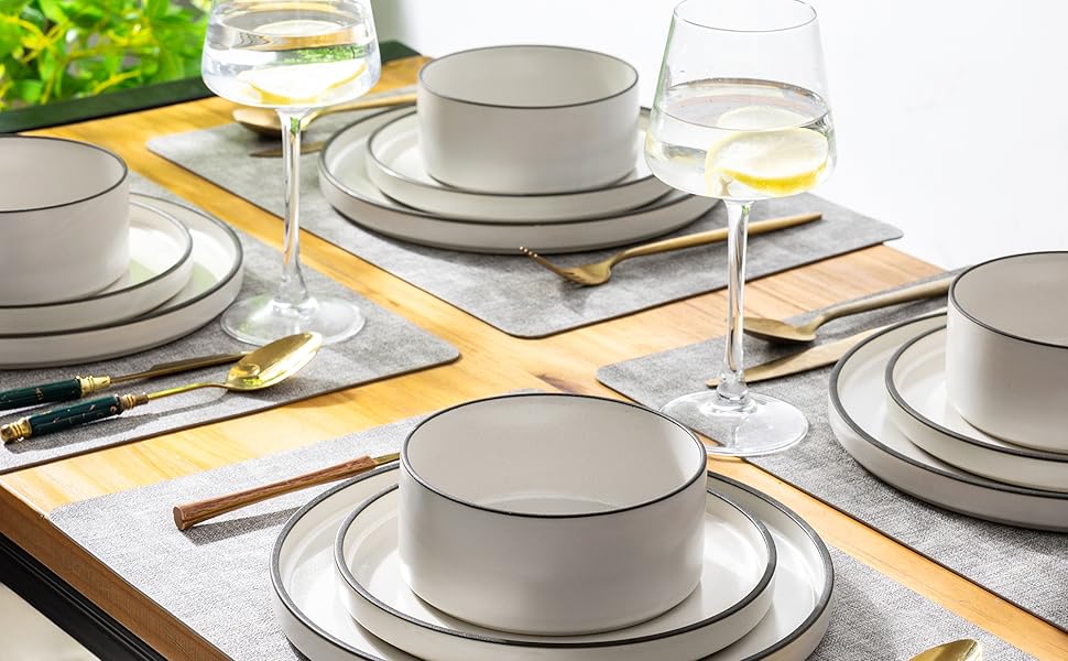 Набір посуду LeRatio для 6 осіб, 18 предметів, керамічний, стійкий до подряпин, білий з чорним контуром