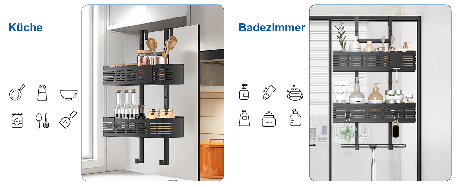 Поличка для душу AIGOCITY без свердління, чорна, для скляних душових кабін, з 3 гачками, регульована висота, для шампуню та гелю для душу