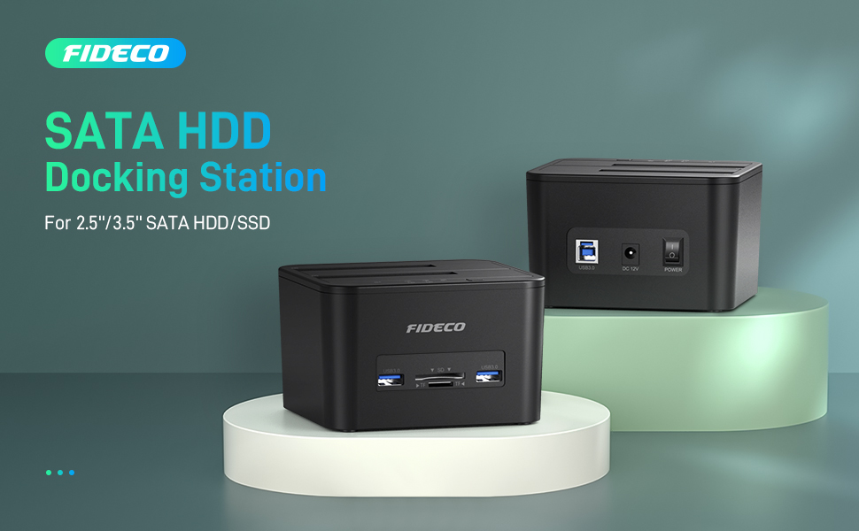 Док-станція для жорстких дисків FIDECO з двома відсіками, USB 3.0, підтримка UASP, TF/SD карт, для HDD/SSD SATA 2.5
