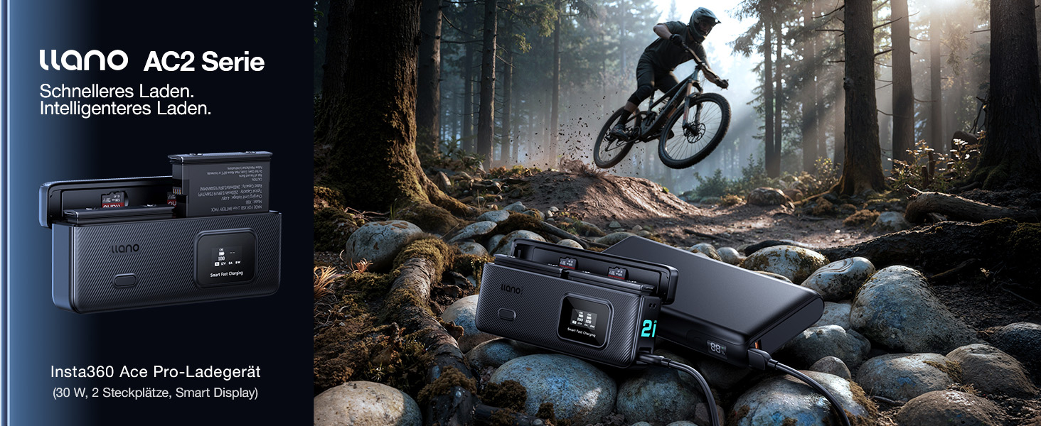 Зарядний пристрій llano AC2 30W Hub для Insta360 X5 з двома акумуляторами 2500mAh, 3 слоти PD, LED-індикація