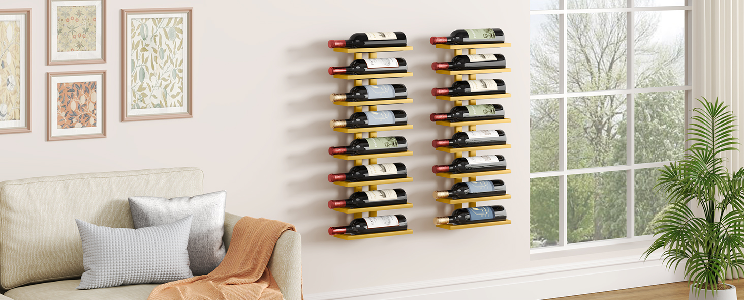 Настінна вітрина для вина FAVOOOSTY з 8 полицями, металева, для вітальні, спальні, винного погреба (Золота, 1 шт.)