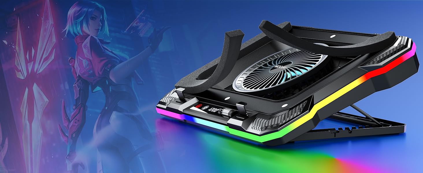 Охолоджувач для ноутбука MOOJAY RGB Gaming: потужний турбовентилятор, підставка з 8 рівнями регулювання висоти та тримачем для телефону, для ноутбуків 14-19 дюймів, підсвітка Ice Blue LED