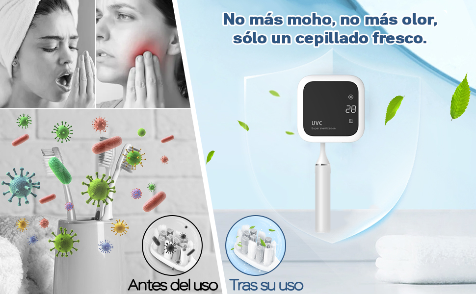 Стерилізатор зубних щіток UV-C та UV-A, настінний тримач з функцією сушіння повітрям, для ванної кімнати, дому та подорожей (білий)