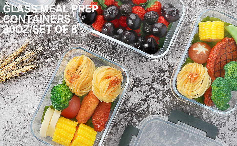 Набір контейнерів для зберігання продуктів MCIRCO 8 шт. 860 мл, скляні, з кришкою, для холодильника, морозильника, посудомийної машини, сірий