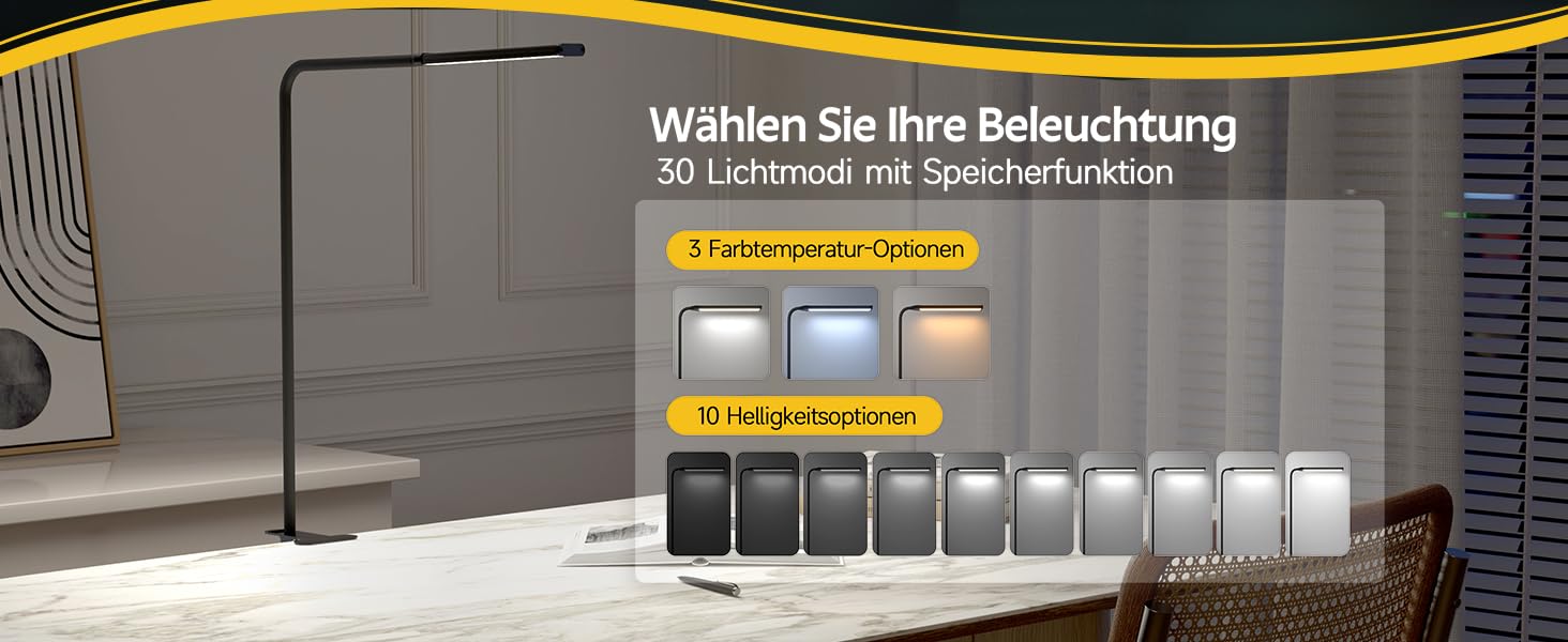 Стійка лампа Aisutha для столу з LED, 3 кольори, 10 рівнів яскравості, регульована, захист очей, для офісу, кабінету та майстерні (чорний)