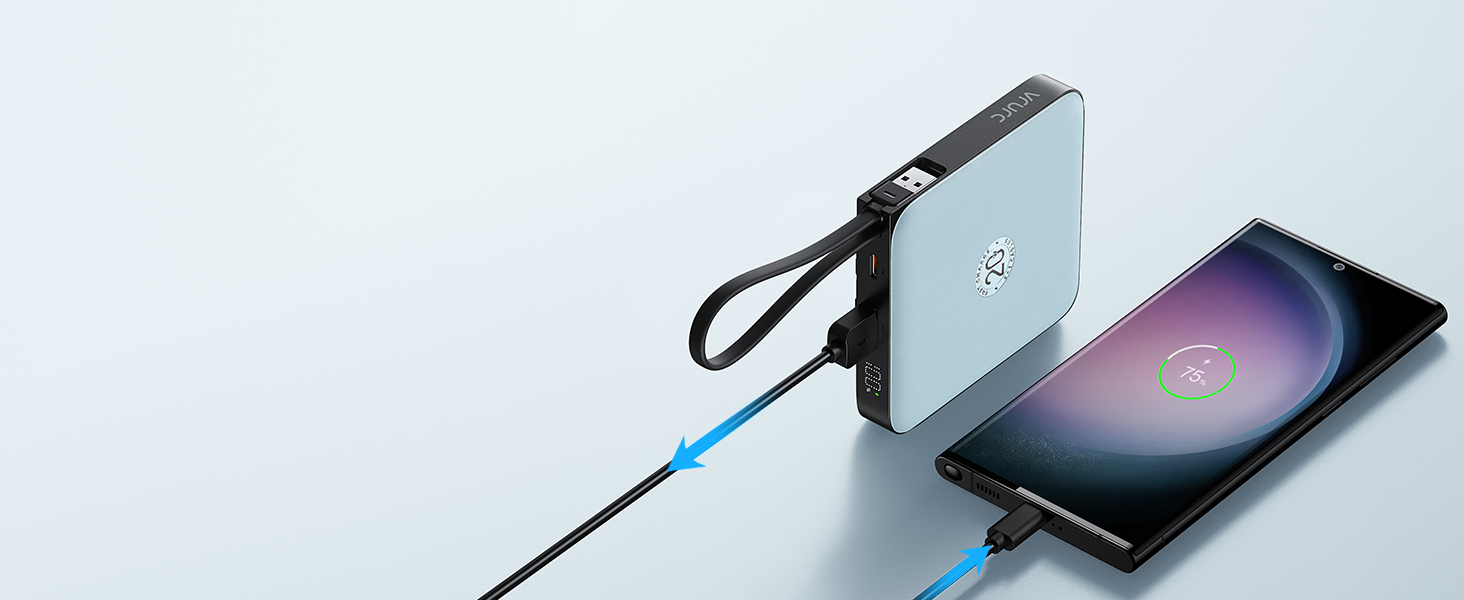 Power Bank VRURC 20000mAh з кабелем: компактний, швидка зарядка, 4 виходи, LED-дисплей, блакитний. Сумісний з iPhone, Huawei, Samsung.