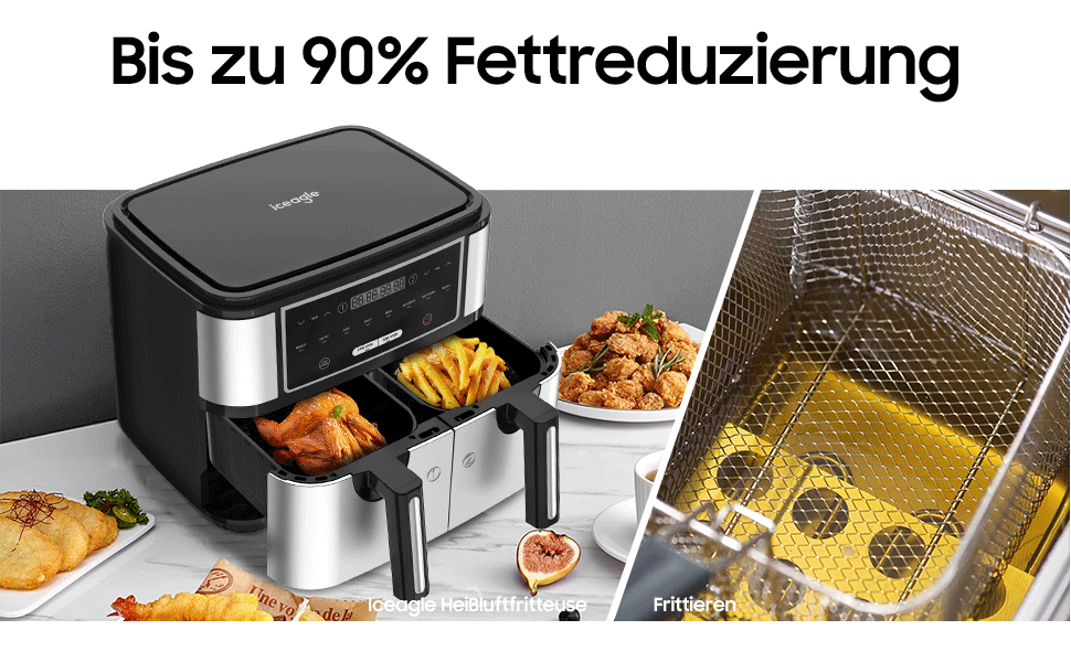 Фритюрниця повітряна подвійна 12л з подвійними камерами, LED-дисплеєм, 10 програмами, функцією сушіння та Dual Cook, 2600W