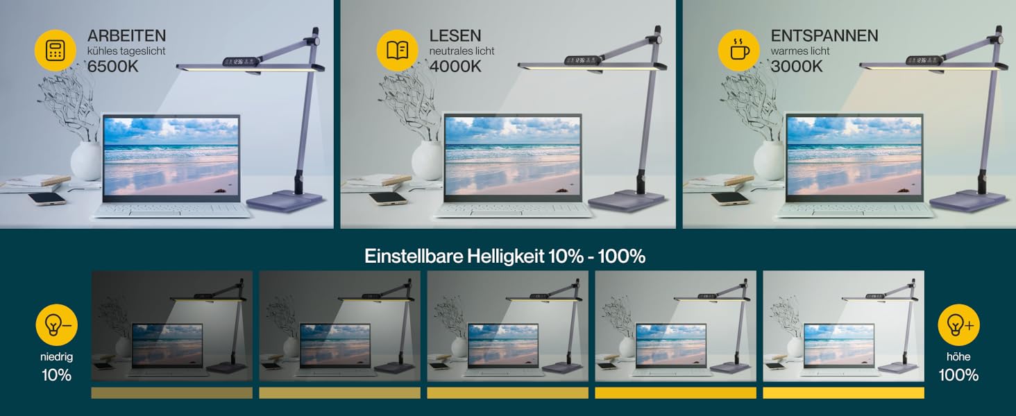 OTUS LED лампа настільна з кріпленням, годинник, таймер, 3 колірні температури, регулювання яскравості, лампа для дому/офісу, захист очей, поворотний кронштейн, офісна лампа