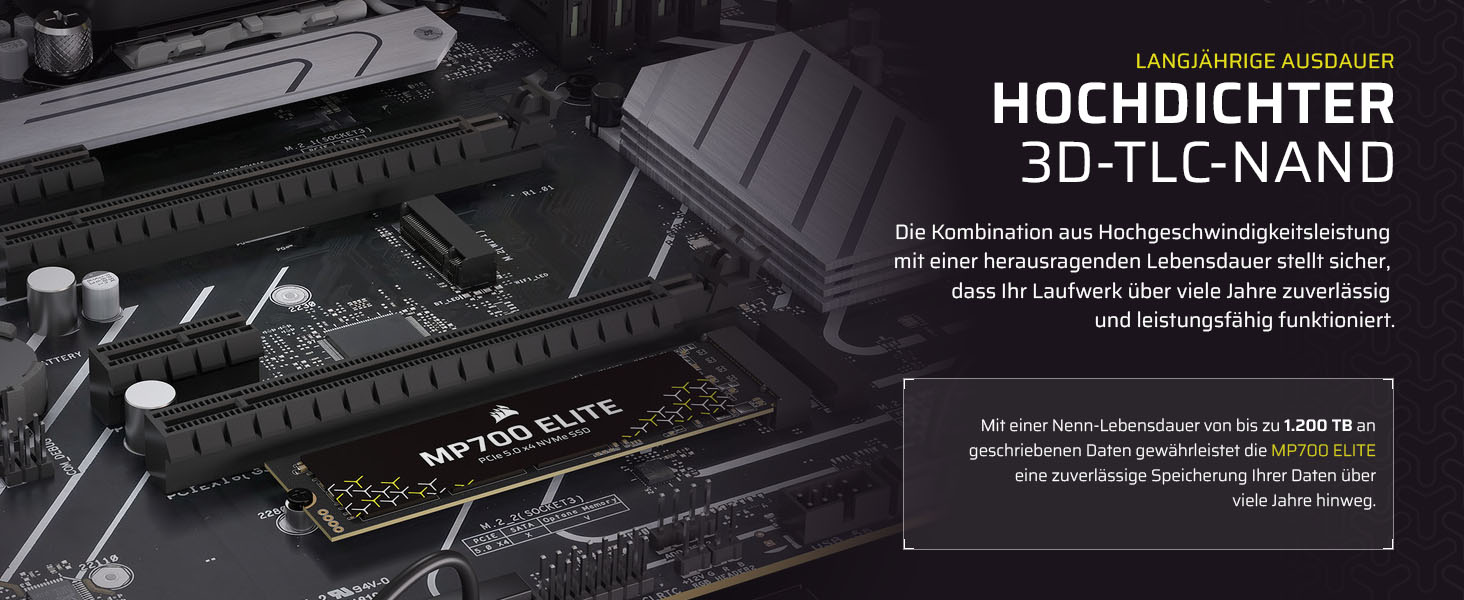 SSD Corsair MP700 Elite 1TB PCIe 5.0 NVMe M.2 – Швидкість до 10000 МБ/с, 3D TLC NAND, DirectStorage, Чорний