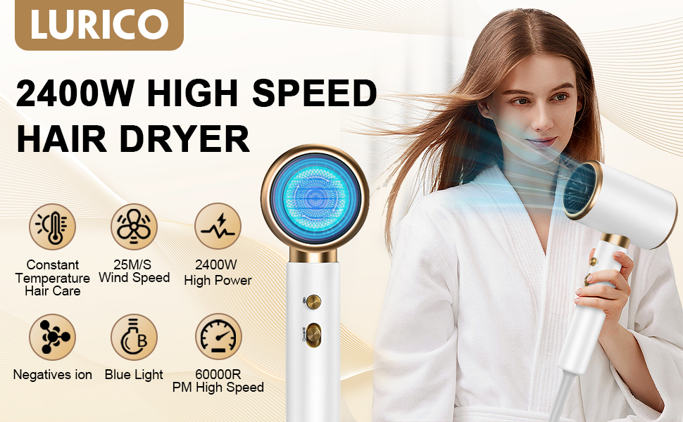 Професійний фен LURICO 2400W з іонізацією, 3 температурні режими, з насадкою-дифузором для салонного та домашнього використання