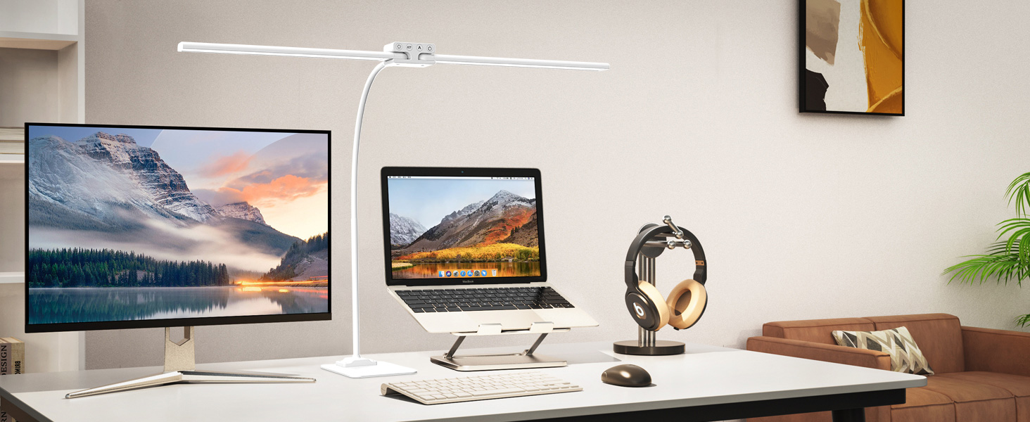 LED Desk Lamp with Adjustable Brightness - 1200 Lumens, Dual Head, Clamp-On for Home Office, Eye Protection, Gooseneck Design, Monitor Light with 5 Color Temperature & Brightness Levels (Metal Base)