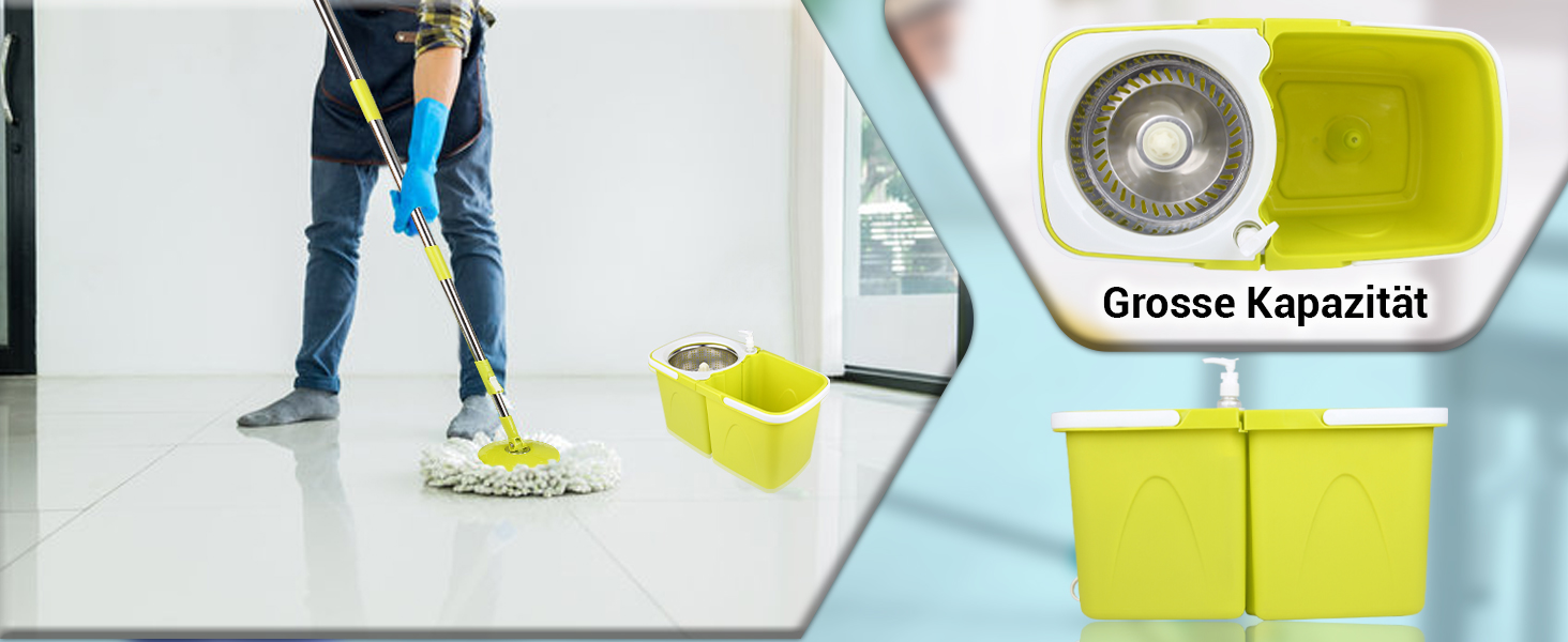 Набір для миття підлоги ARSUK з відром та механічним віджимом – набір для прибирання будинку | Відро для миття підлоги з мікрофіброю та 360° обертанням – ідеально для паркету, плитки та ламінату | 4 змінні насадки та утримувач для швабри з ароматом лимона