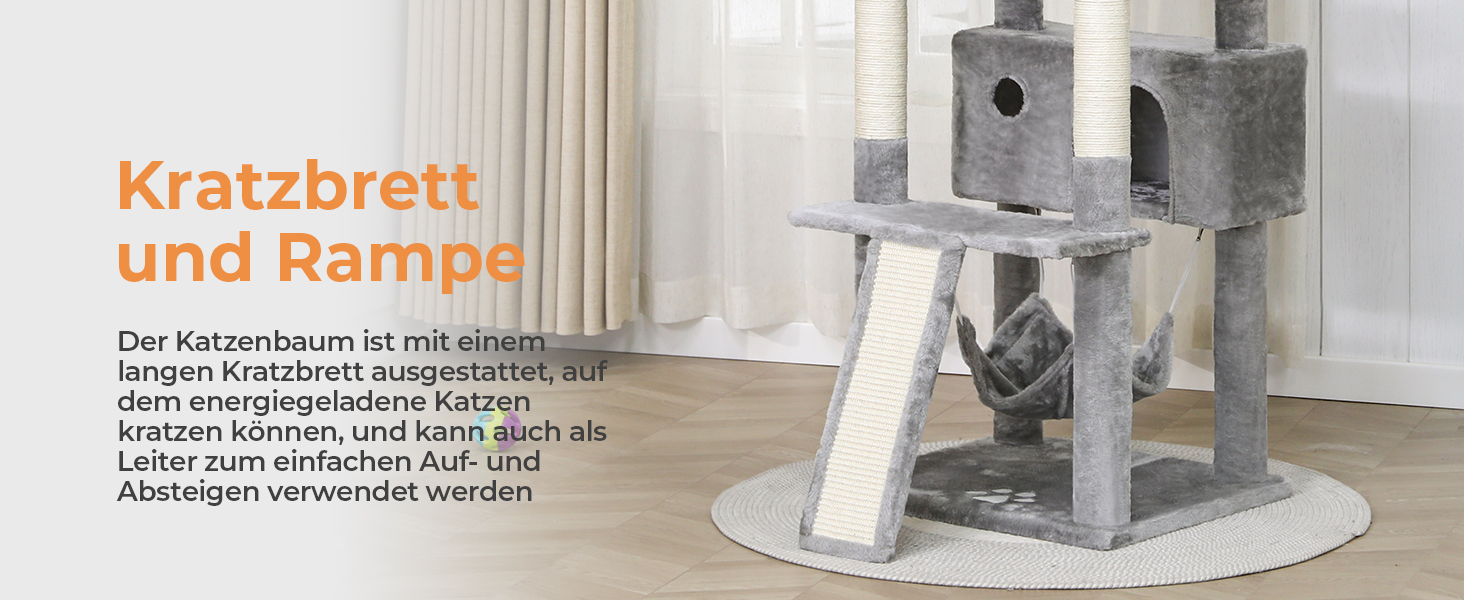 Драбина-кіготь для котів MSmask XXL, 194 см, сірий: 3 платформи, 2 печери, сизаль, гамак, рампа