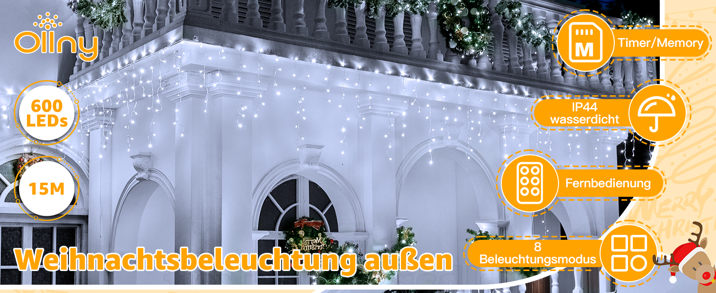 Ланцюжок прикрас з LED-підсвічуванням Ollny Eisregen 15м, 600 LED, для зовнішнього використання, з пультом, водонепроникний, 8 режимів, тепле біле світло, для балкона, даху, вікна, дому, ковадла
