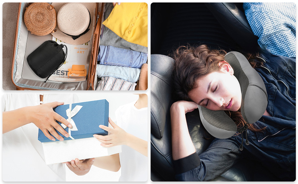 Подушка для шиї Eono з піною Memory Foam, ергономічна, для подорожей, з маскою для сну та навушниками, сіра