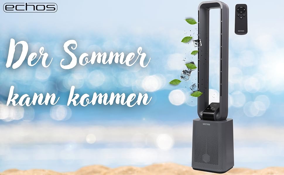 Турбовентилятор Echos Golo Grey: тихий, з пультом, осциляція, LED-дисплей, 3 режими, 12 швидкостей, таймер 15h