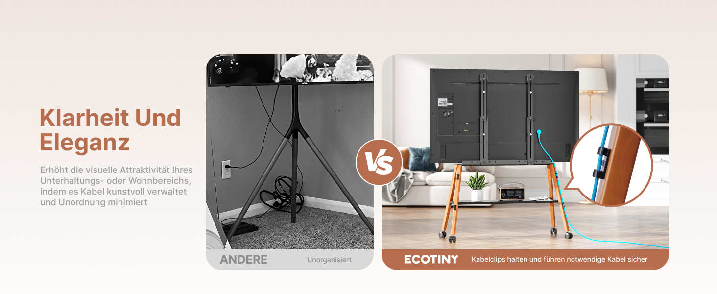 Підставка для телевізора ECOTINY на колесах для 49-75 дюймів, до 40 кг, Easel Design, металева конструкція та полиця з дерева, чорна