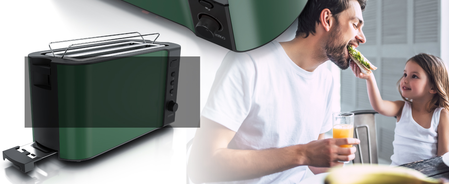 Тостер Arendo з нержавіючої сталі, 4 слоти, підігрів, підставка для булочок, 1500W, зйомний лоток для крихт, дисплей з таймером