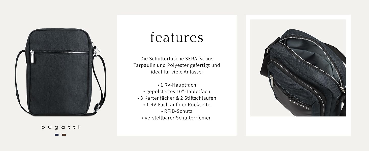 Чоловіча сумка Bugatti Sera на плечі, месенджер з відділенням для планшета, антрацит, S