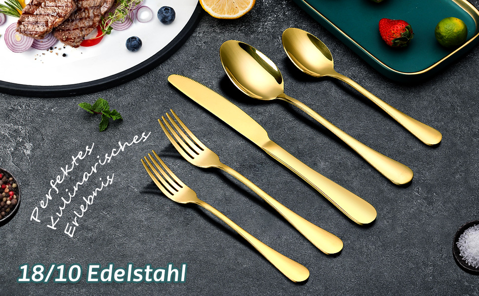 Набір столових приборів OGORI для 6 осіб, 30 предметів, золотий, з нержавіючої сталі 18/10, для дому/ресторану/вечірки (у подарунковій коробці)