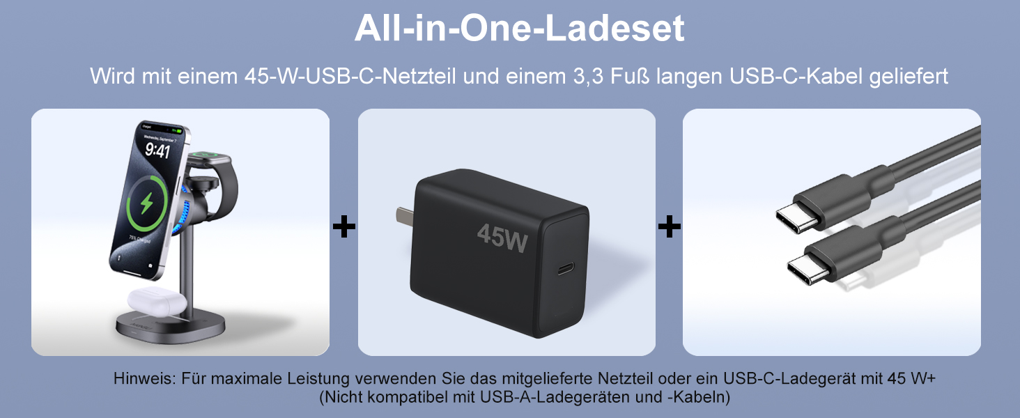 MOGU Бездротова зарядна станція 3-в-1 з магнітною фіксацією та охолодженням TEC, 15W, сумісна з MagSafe iPhone 12-17, Samsung S24-S26, Apple Watch, AirPods + адаптер 45W