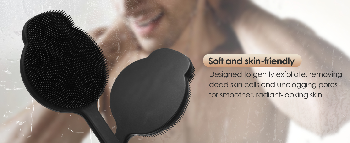 Силіконовий скребок для тіла під душ з довгим ручним держаком, двосторонній скребок для душу для пілінгу та масажу, створює багату піну, скребок для спини з довгим ручним держаком для чоловіків (Carbon Black)