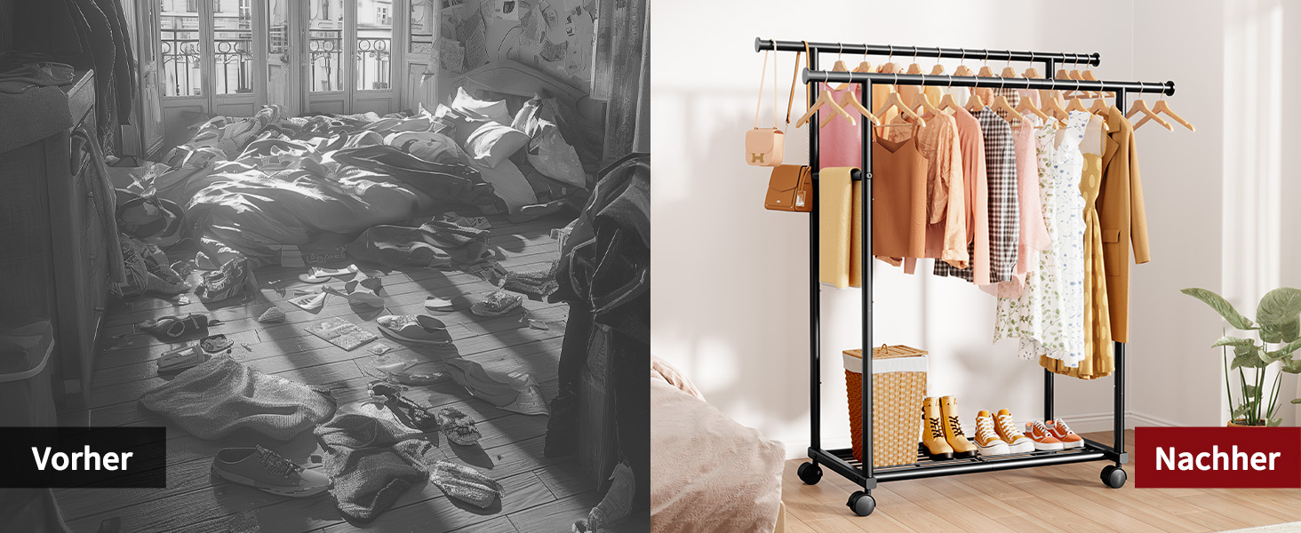 Стійка для одягу на колесах з подвійною перекладиною та сітчастим дном, 98 x 42 x 150 см, Чорний