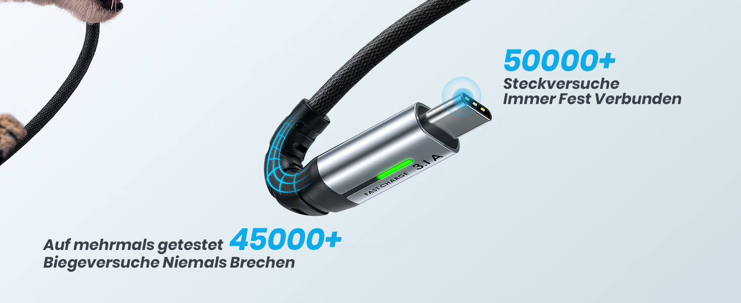 Кабель USB-C 2м з LED-підсвічуванням, швидка зарядка 3.1A, нейлон, чорний - сумісний з iPhone 15, Samsung Galaxy, Google Pixel