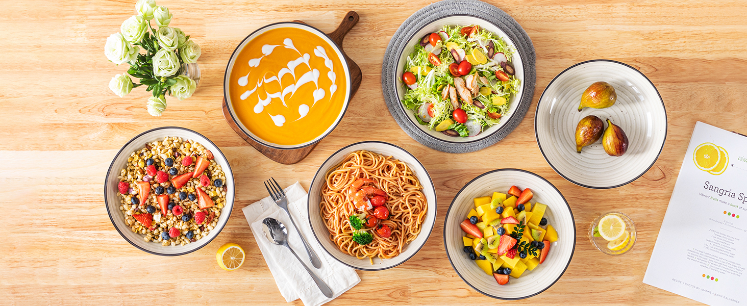 Набір супових тарілок Vancasso Bonbon (6 шт.), супові миски з кераміки, об'єм 1500 мл, глибокі, для пасти, салатів, підходить для миття в посудомийній машині та використання в мікрохвильовій печі, бежевий