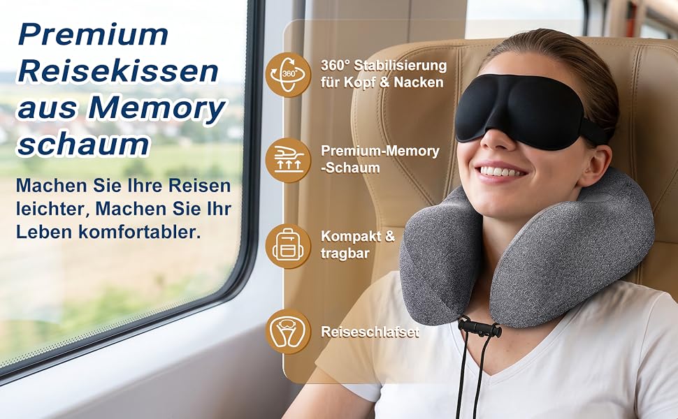 Подушка для подорожей Kobete з ефектом пам'яті (Memory Foam) для шиї в літак, авто та потяг, сіра — набір з 3D-маскою для сну, берушами та сумкою