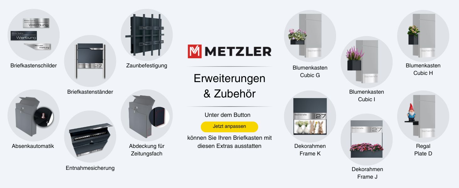 Поштовий ящик Metzler® з газетницею та табличкою з нержавіючої сталі V2A, стійкий до іржі, сучасний дизайн, 10 років гарантії на запчастини, опції монтажу та аксесуари, колір Eisenglimmer Db 703