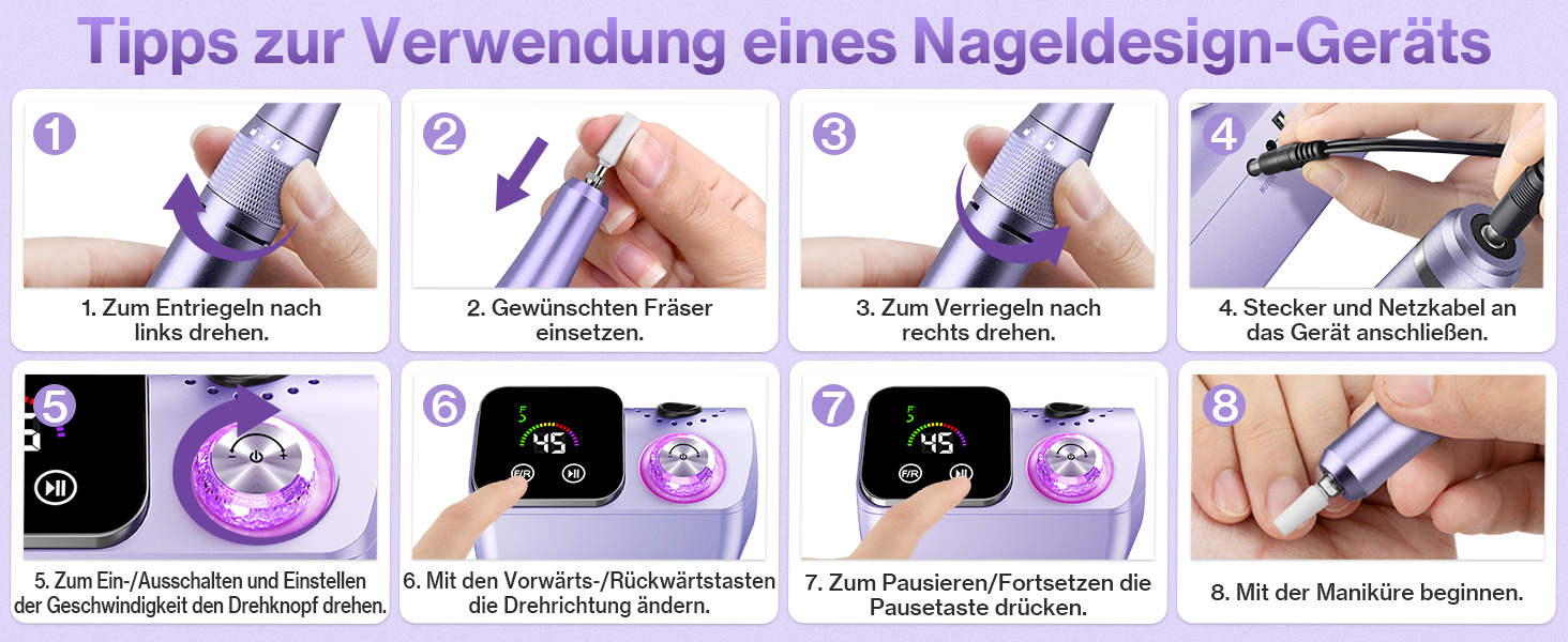 Електрична шліфувальна машинка для нігтів (нагельфрайзер) з LCD-дисплеєм, 45000 об/хв, професійний набір для манікюру та педикюру з мультифункціональною базою та сенсорним керуванням, фіолетовий