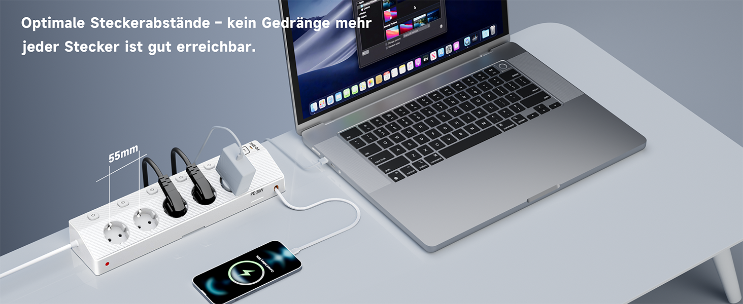 Настільний мережевий фільтр з 5 розетками та 2 USB-C (PD 30W), подовжувач з вимикачем, 4000W, кабель 2м, білий