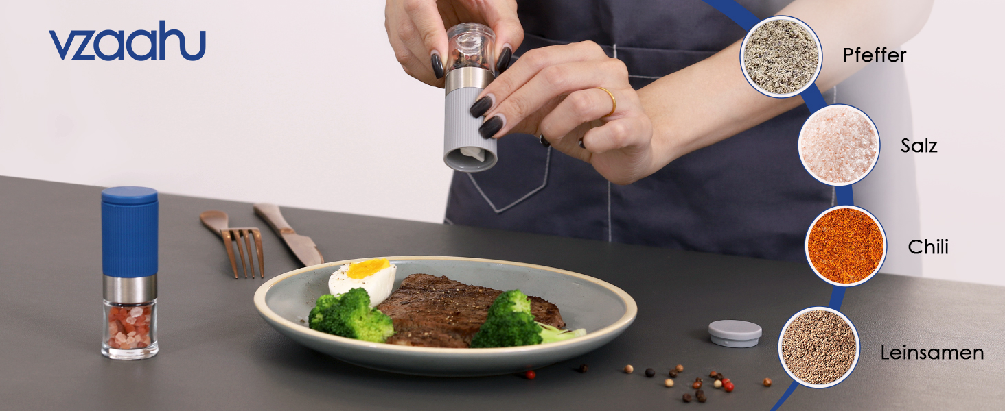 Набір міні-меленців для солі та перцю Vzaahu (2 шт.) з керамічним механізмом, кориця, регульована ступінь помелу, сірий та блакитний, портативні, багаторазові