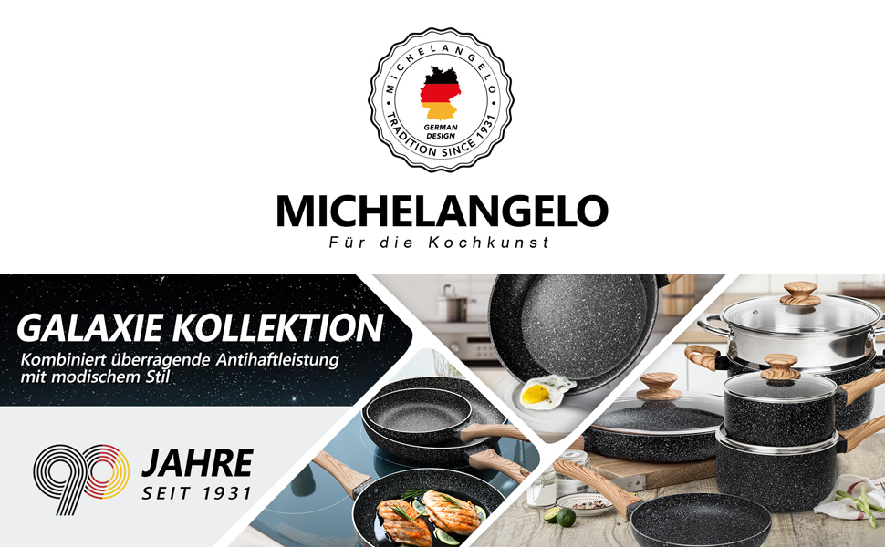 Сковорода MICHELANGELO 28 см з кришкою, антипригарне покриття, сковорода з каменю, чорна
