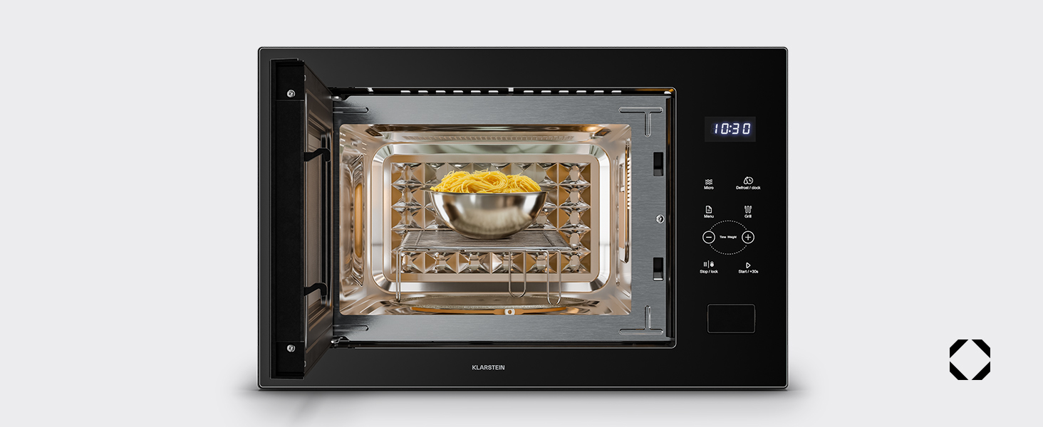 Вбудована мікрохвильова піч Klarstein Velaire 60 см з грилем – 25L, 850W, 8 програм, сенсорне керування, нержавіюча сталь, таймер, білий (чорний)