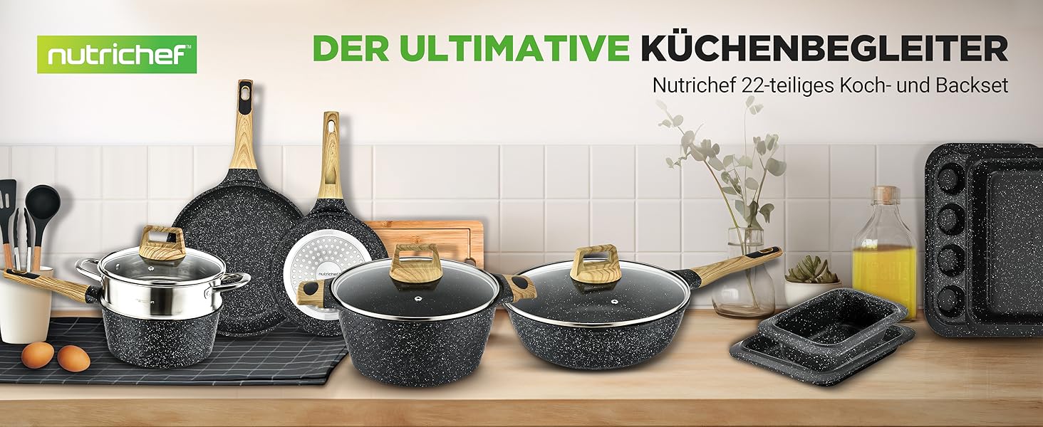 Набір посуду NutriChef 22 предмети антипригарний мармуровий – сковороди, каструлі, кухонне приладдя, форма для випічки, рукавиці, для індукції, посудомийна машина