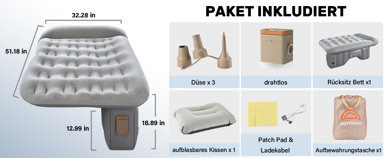 Автоматичний надувний матрац для заднього сидіння авто Coverado - сірий, універсальний, з вбудованим насосом та подушками