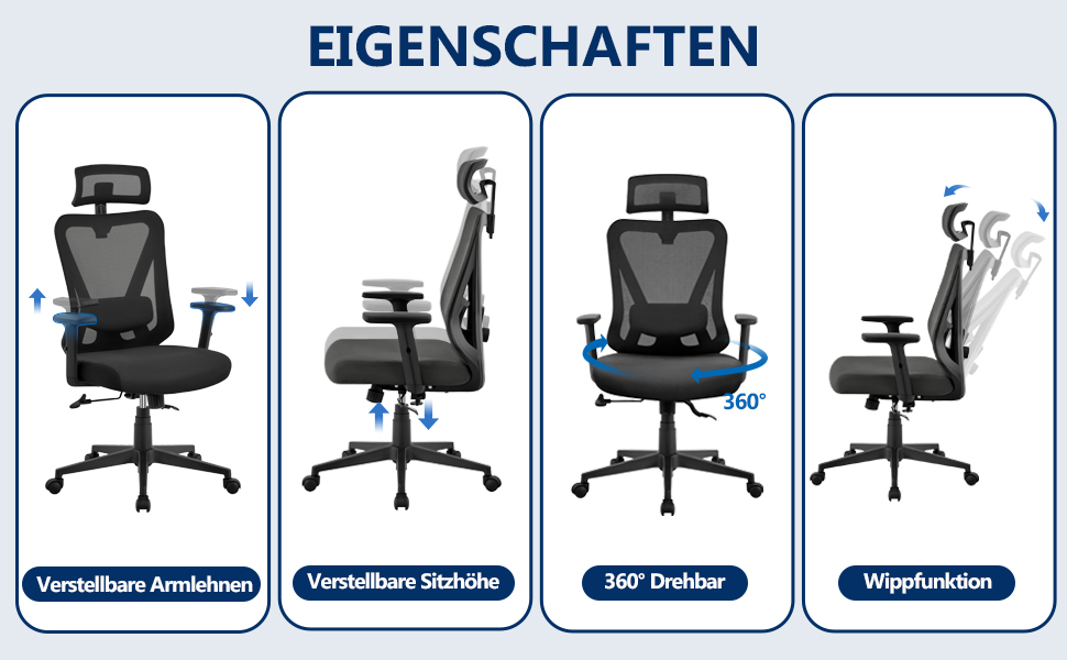 Офісне крісло Yaheetech з регульованою підголовником та поперековою підтримкою, дихаюча сітчаста спинка, широке сидіння, S-подібна спинка, поворотне на 360°, чорний