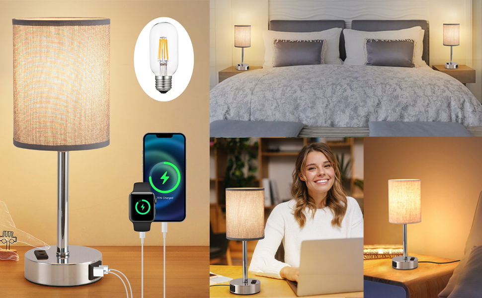 LED-лампа на тумбочку з торшером, сенсорне керування, USB-порт A+C, тканинний абажур, металева основа, для спальні, офісу, вітальні, з лампочкою (сіра)