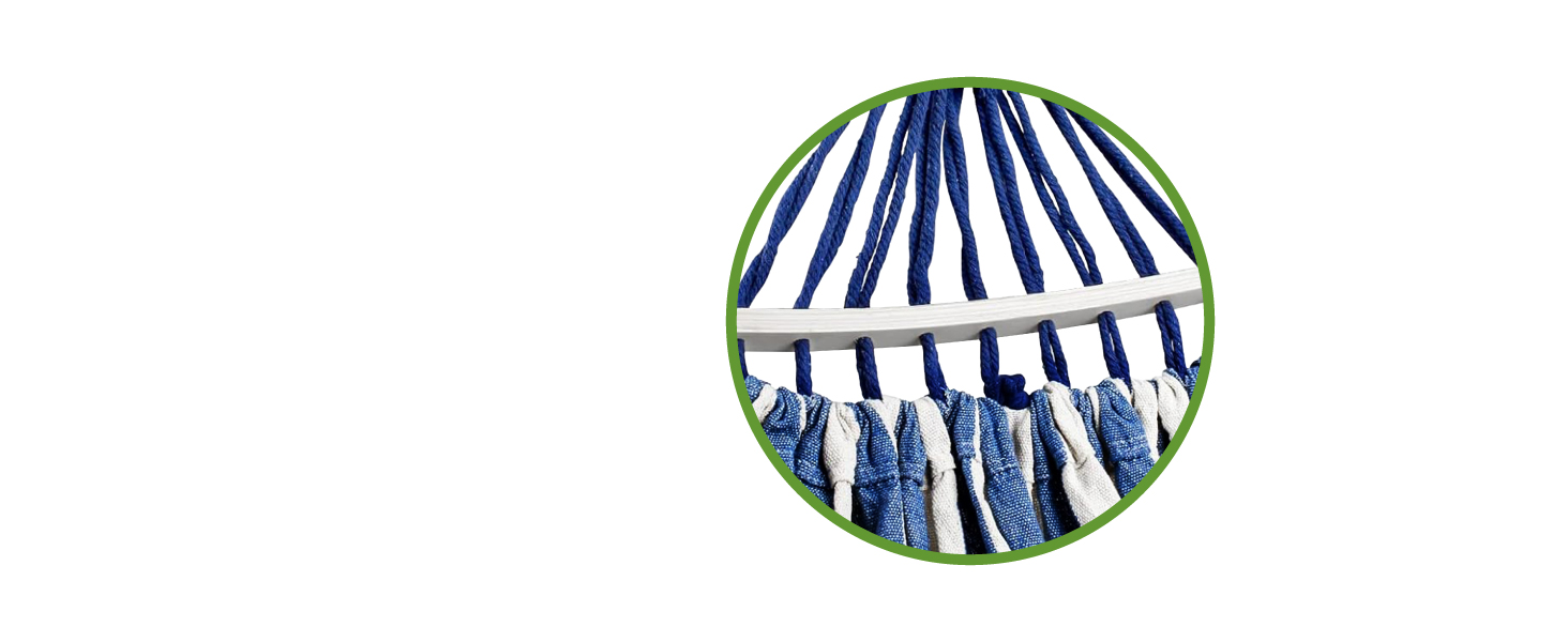 Гамак KRUMAD 260 см, до 250 кг, вологостійкий, бавовна-поліестер, для саду, балкону, кемпінгу, з дерев'яними розпірками та сумкою (блакитно-білий, без каркасу)