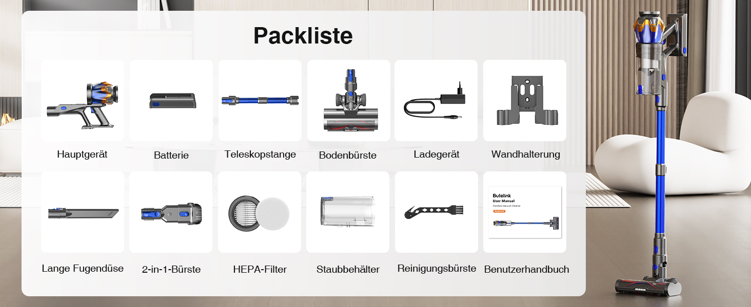 Бездротовий акумуляторний пилосос 45000 Па/550 Вт/65 хв, об'єм 1,6 л з дисплеєм, антизаплутувальною насадкою, самостійне стояння, док-станція на стіні, 8-шарова фільтрація, тиха робота, для шерсті тварин/килимів/твердих підлог/автомобіля, блакитний