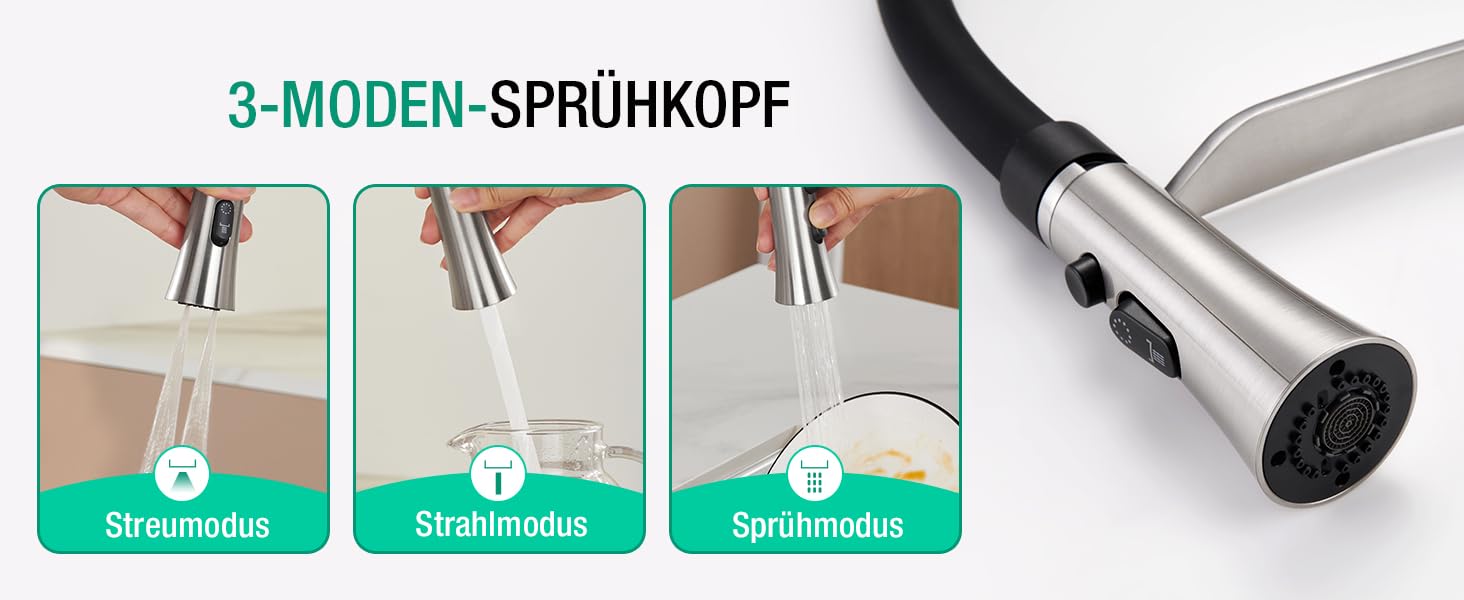 Кран кухонний CREA з 3 функціями: душ, висувна лійка, поворотний вилив, чорний, нержавіюча сталь