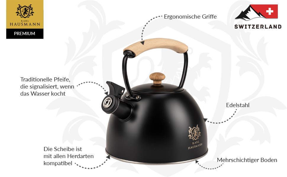 Чайник електричний Induktion 2.5L з автоматичним свистком, нержавіюча сталь. Підходить для індукційних, газових та електричних плит.