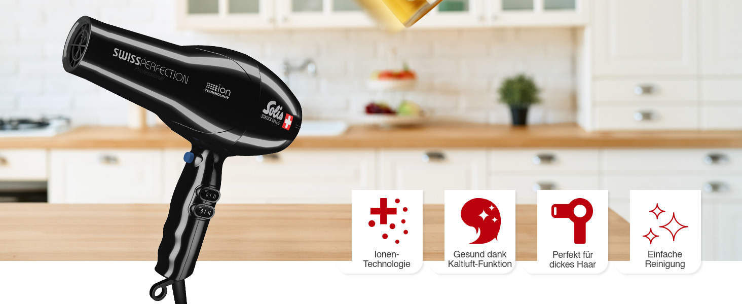 Фен Solis Swiss Perfection 440 Föhn: 2300 Вт, іонізація, AC-двигун, 3 режими температури, 2 швидкості, чорний